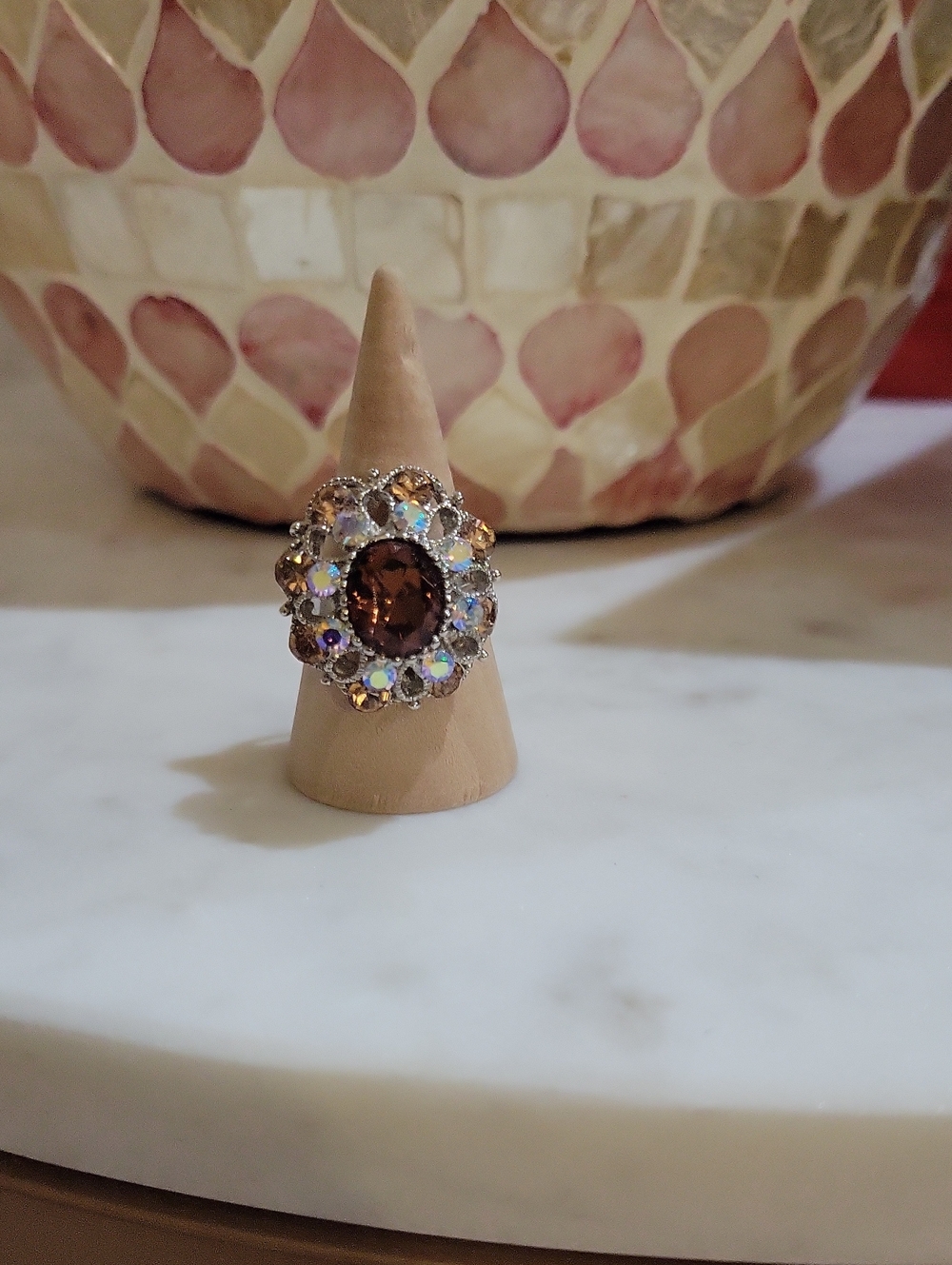 Gold-Tone Brown Crystal Halo Ring